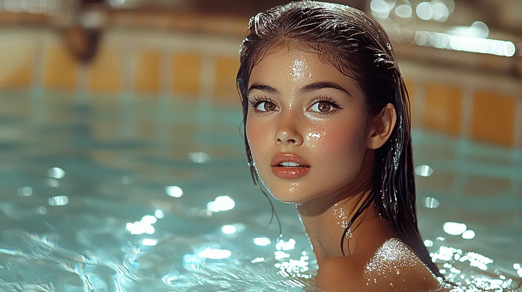 Here's a description of the image:

Close-up view of a young woman with dark hair partially submerged in a swimming pool.  Her wet hair clings to her shoulders, and her skin glistens with water droplets. She has striking features, large expressive eyes, and full lips. The background is blurred, showing the shimmering turquoise water and the pale yellow tiles of the pool's edge. The overall impression is one of beauty and serenity, enhanced by the soft lighting and the juxtaposition of the woman and the water.