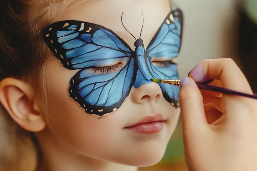 Close-up view of a young girl receiving face painting.  A vibrant blue butterfly is being meticulously applied to her face, covering her eyes and nose.  The artist's hand delicately holds a thin paintbrush, adding fine details to the butterfly's wings. The girl's expression is serene and patient, suggesting a calm and enjoyable experience.  The focus is sharp on the butterfly design and the artist's hand, highlighting the intricate detail of the face paint.
