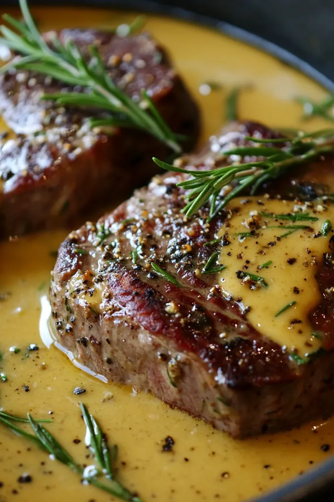 Here's a description of the image:

Close-up view of two succulent pan-seared steaks, glistening with a rich, creamy, yellow sauce.  The steaks are generously seasoned with black peppercorns, and sprigs of fresh rosemary garnish each. The sauce coats the bottom of the pan, pooling around the steaks, indicating a delicious, flavorful meal. The lighting emphasizes the texture and color of the meat and the sauce, creating an appetizing image.  The background is slightly out of focus, drawing attention to the steaks in the foreground.