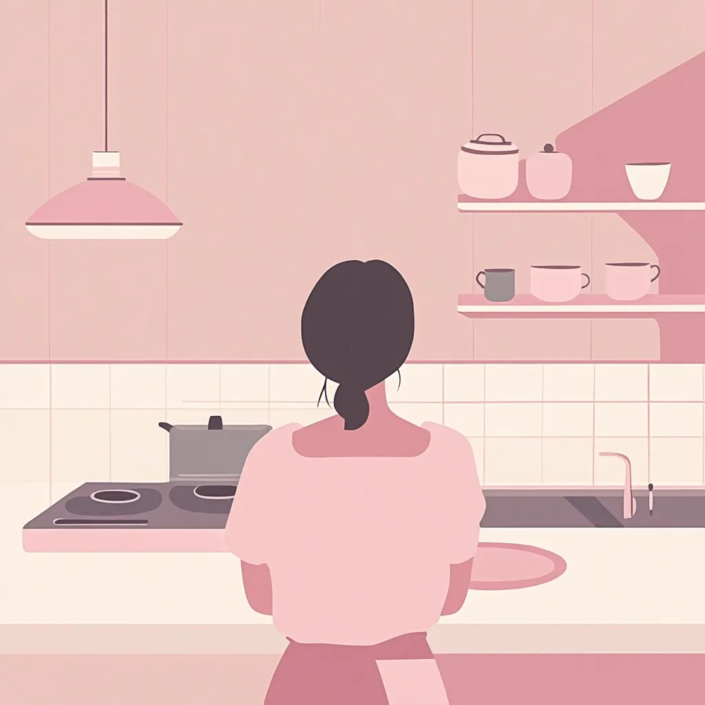 Here's a description of the image:

The illustration shows a woman with dark hair, seen from behind, standing in a minimalist pink kitchen. She's wearing a light pink, short-sleeved top and what appears to be a pink skirt.  A pot sits on a stovetop, and a sink is visible.  Pastel pink kitchenware is neatly arranged on shelves above the counter.  The overall style is simple and serene, emphasizing soft colors and clean lines. The scene evokes a feeling of calm domesticity.