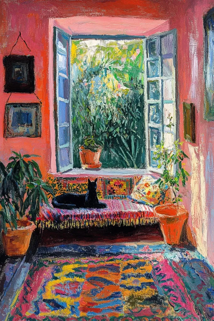 A vibrant oil painting depicts a sun-drenched room with a pink wall.  A window, open to a lush green garden, dominates the scene.  A black cat rests on a colorful rug-covered bench beneath the window.  Potted plants flank the window seat, adding to the room's lively atmosphere.  Small framed pictures hang on the wall, and a brightly colored rug covers the floor, creating a cheerful and slightly impressionistic style. The painting's impasto technique adds texture and depth to the scene.
