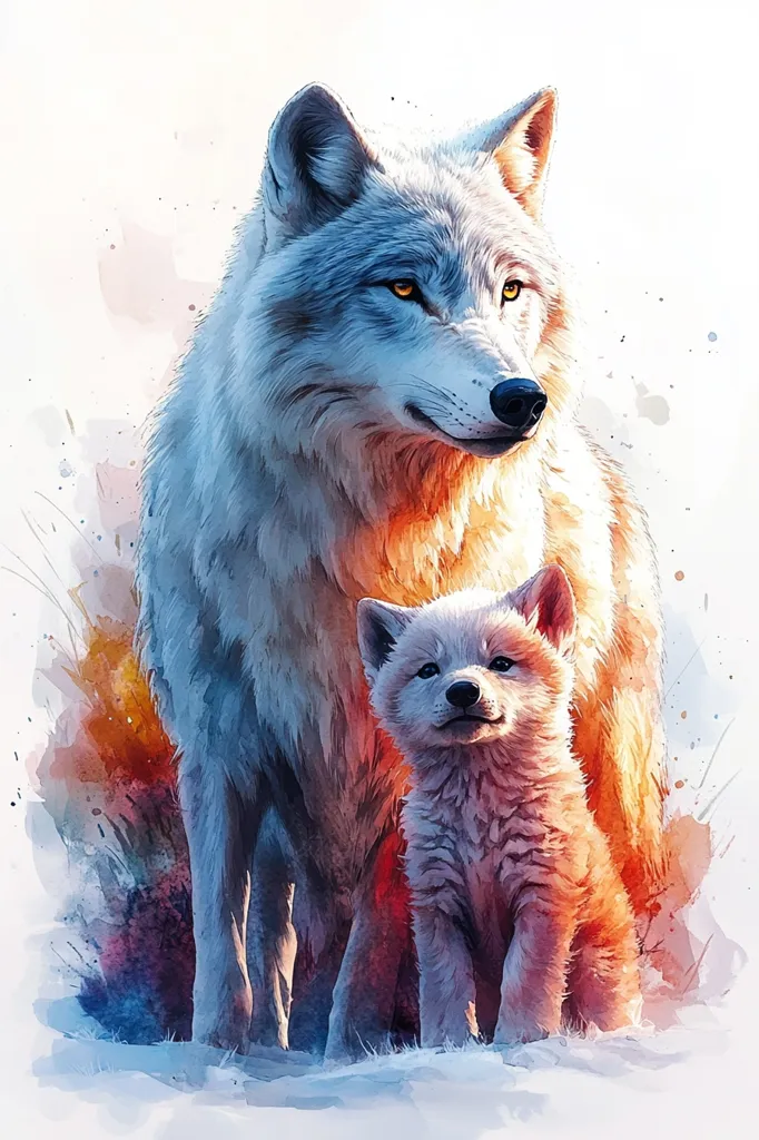 A watercolor painting depicts a majestic adult arctic wolf standing protectively beside its young pup. The adult wolf, predominantly white with hints of pale blue and orange, displays a calm and watchful expression. The pup, smaller and lighter in color, sits attentively in front of its parent.  The background is a soft blend of watercolor washes in blues, oranges, and whites, suggesting a snowy, grassy landscape. The overall style is impressionistic, emphasizing texture and light more than precise detail.  The scene evokes a sense of family and the wild beauty of nature.