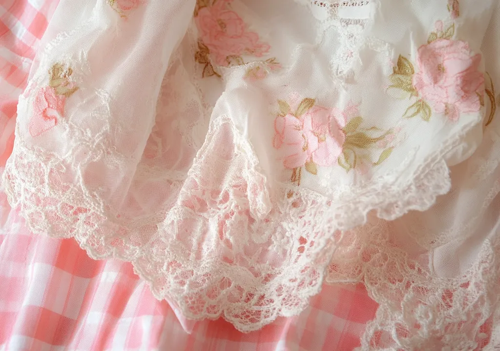 Close-up view of delicate, light pink fabric adorned with a floral pattern and intricate white lace trim. The fabric appears sheer and possibly made of chiffon or a similar lightweight material. The roses are a soft pink, and the lace has a scalloped edge. The garment is layered, showing the lace at multiple levels. The background hints at a pink gingham pattern underneath. The overall impression is of feminine, romantic, and delicate apparel.