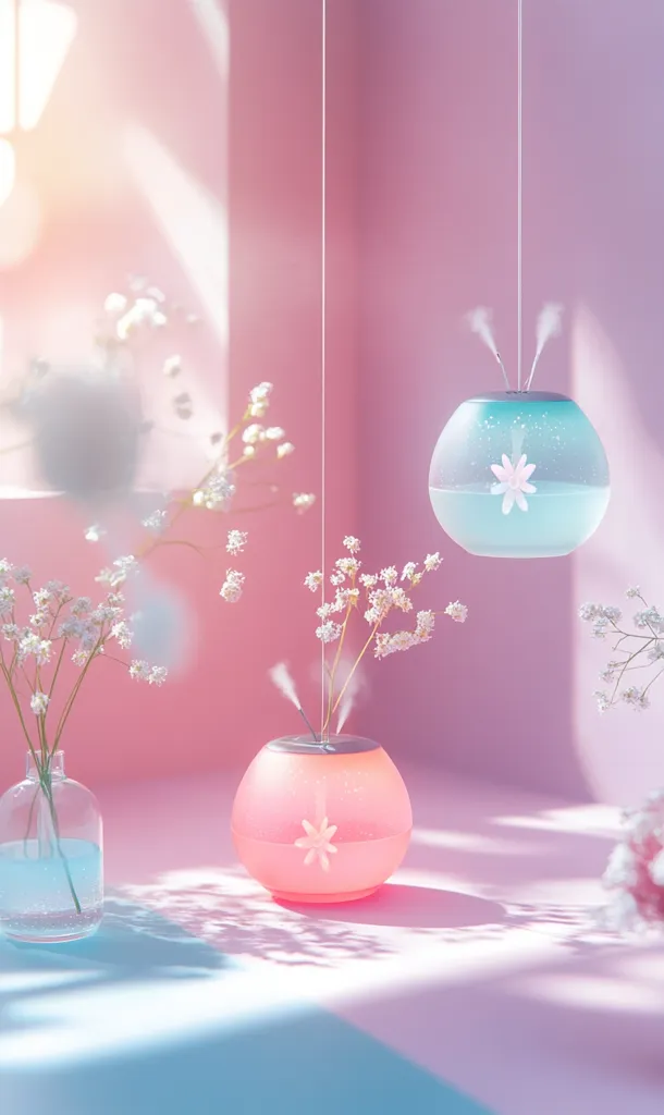 Two hanging, spherical humidifiers, one light pink and the other light teal, emit a gentle mist in a pastel pink room.  Small bouquets of white baby's breath sit atop each device, adding to the serene atmosphere. Sunlight streams through a window, casting soft shadows on the minimalist scene, which features a glass vase with similar flowers on the lower left. The overall aesthetic is calm and delicate.