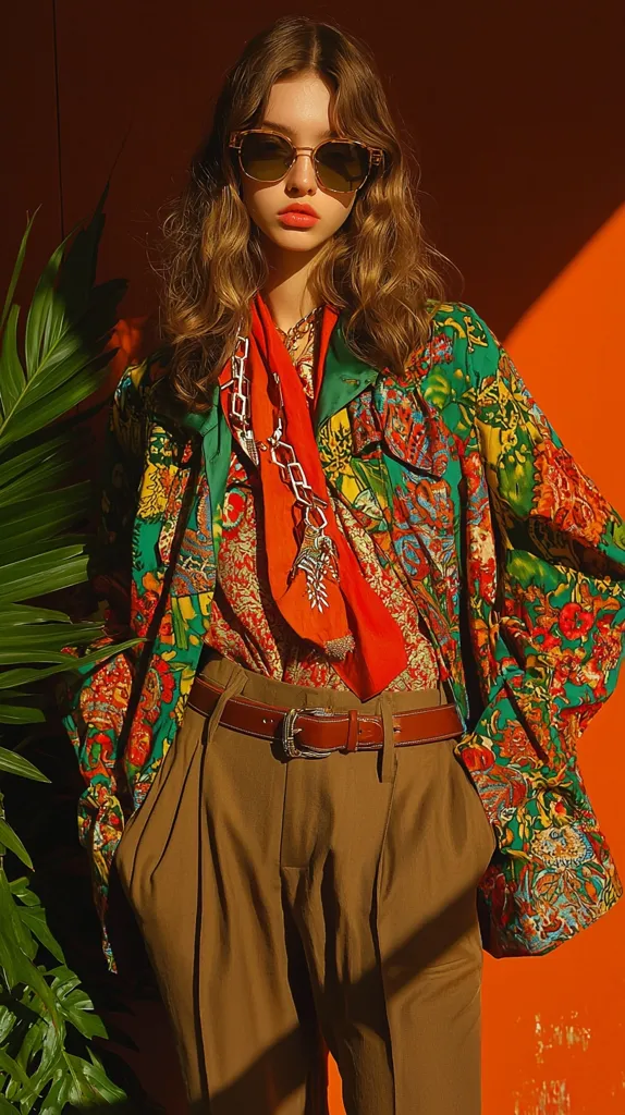 A young woman with long, wavy brown hair models a vibrant, retro-inspired outfit.  She wears square sunglasses and a multicolored, floral patterned jacket over a matching blouse.  A bright orange scarf adds a pop of color, and she sports brown high-waisted trousers and a brown leather belt. The overall style is bold and eclectic, set against a warm orange background with tropical foliage. The lighting is dramatic, emphasizing the textures and colors of the clothing.