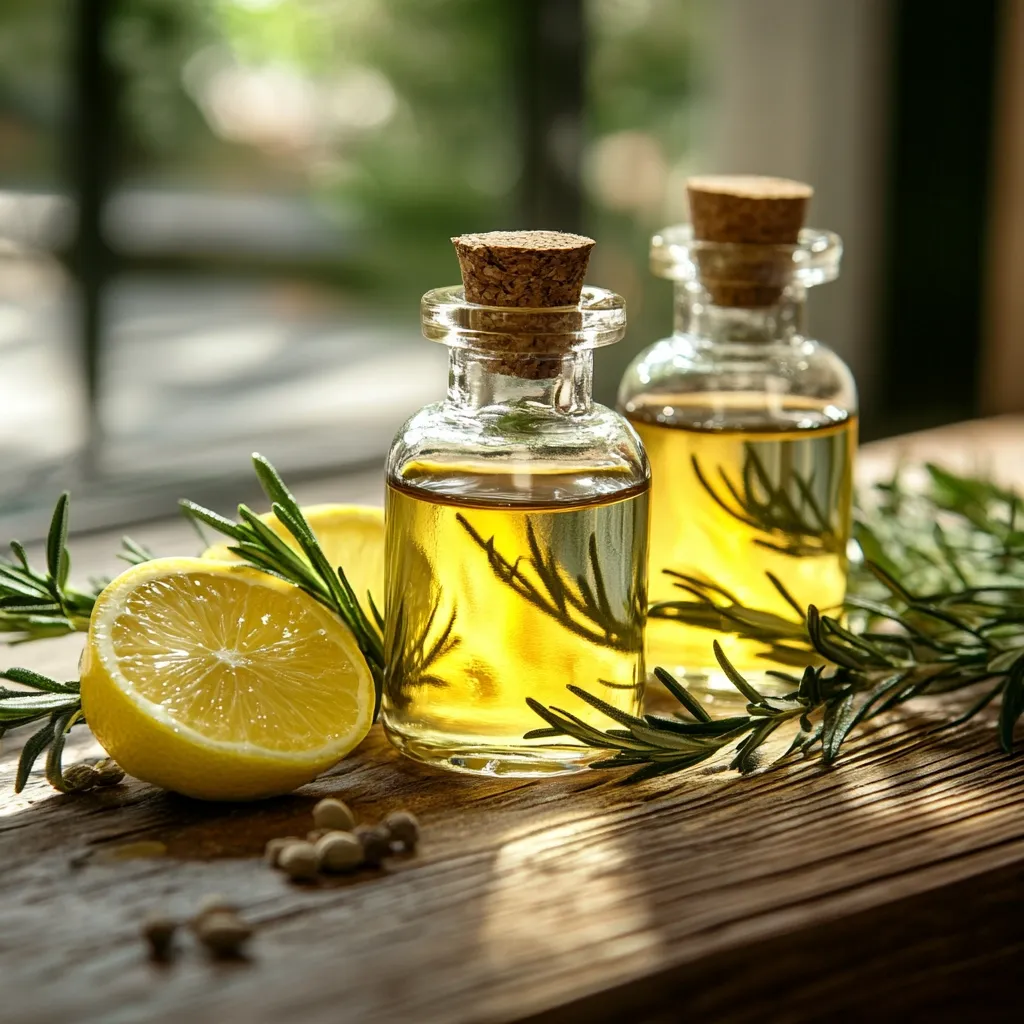 Two small glass bottles with cork stoppers, filled with a golden, translucent liquid, sit on a rustic wooden surface.  Fresh sprigs of rosemary and a lemon slice are arranged around the bottles, suggesting essential oils or a herbal remedy.  The background is softly blurred, showcasing a bright, natural setting.  The scene evokes a sense of calm and natural wellness.