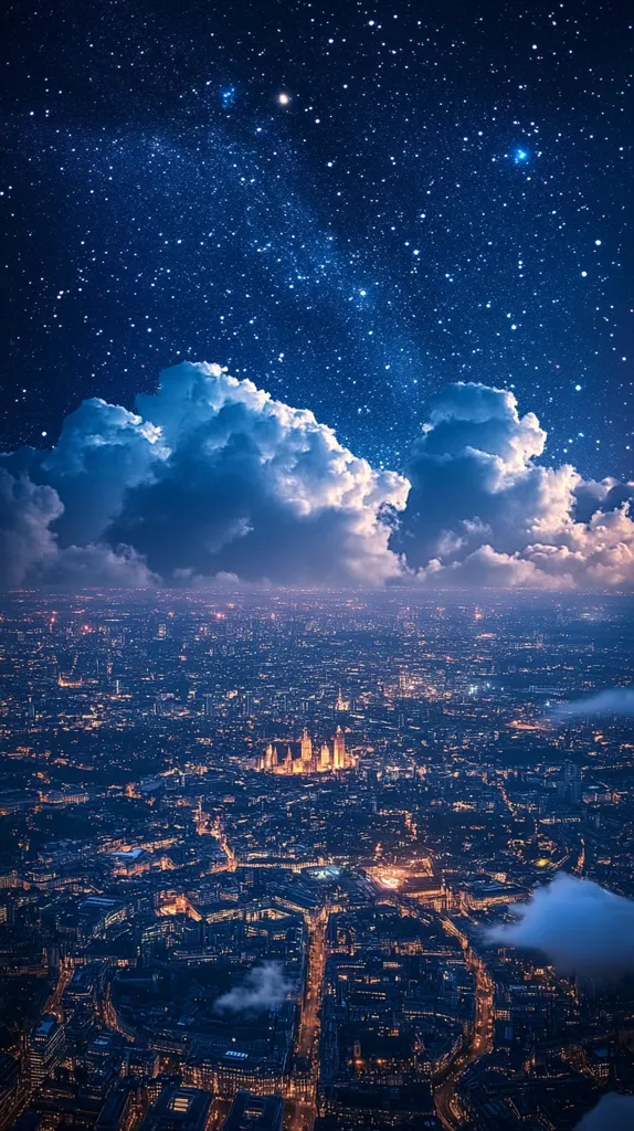 Here's a description of the image:

The image is a breathtaking night-time aerial view of a sprawling city, possibly London, with a large cathedral or palace prominently featured in the center.  The city is awash with the warm glow of countless lights, creating a mesmerizing tapestry of urban illumination. Above, a breathtaking expanse of stars fills a dark blue night sky, partially obscured by fluffy, luminous clouds. The contrast between the city lights and the celestial beauty above creates a captivating and surreal atmosphere. The overall scene evokes a sense of wonder and tranquility.