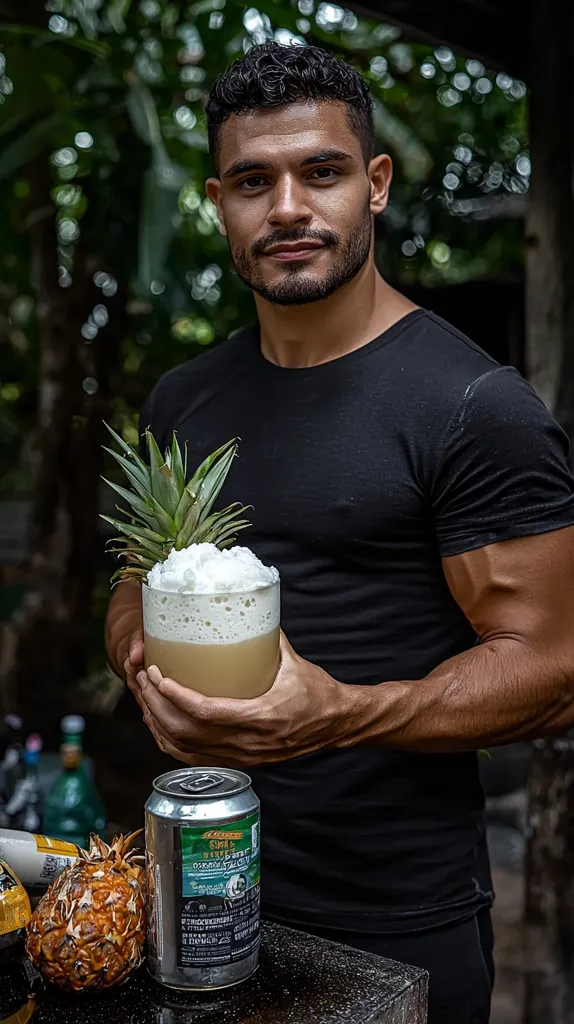 A muscular man with short, dark curly hair and a beard stands outdoors, holding a frothy pineapple drink in a short glass.  The drink is garnished with a pineapple wedge.  He's wearing a black t-shirt and is partially visible against a blurred backdrop of lush green foliage. A can of what appears to be a craft beer sits on a dark surface near a small grilled pineapple. The overall mood is relaxed and summery.