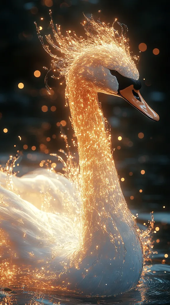 The image showcases a digitally rendered swan, seemingly composed of light and water.  Its feathers appear to be strands of luminous golden energy, creating a magical, ethereal effect.  The swan gracefully emerges from dark water, illuminated by soft bokeh lights in the background, enhancing the otherworldly ambiance.  The overall impression is one of fantasy and serene beauty.