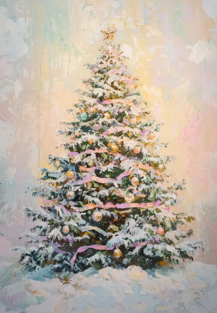 Here's a description of the image:

The painting depicts a snow-covered Christmas tree, adorned with pale pink ribbons and gold ornaments.  The tree stands in a snowy setting, bathed in a soft, ethereal light. The artistic style is impressionistic, with visible brushstrokes creating a textured, dreamlike quality. The background is a blend of pastel colors, suggesting a hazy, winter atmosphere. The overall mood is peaceful and serene, evoking a sense of quiet Christmas joy.  The gold star atop the tree adds a touch of traditional festive sparkle.