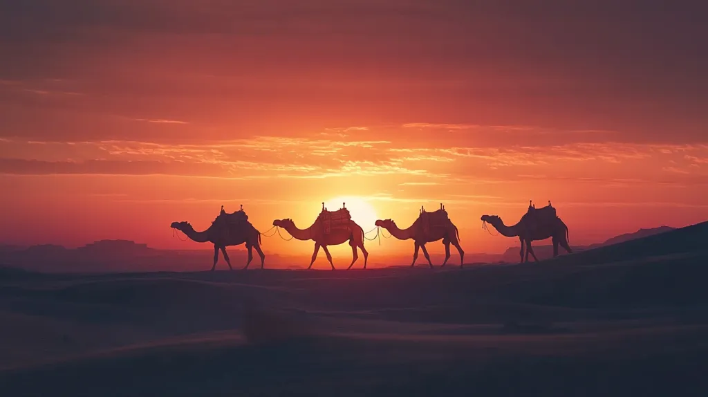 Here is a description of the image:

The image depicts four camels silhouetted against a vibrant sunset in a desert landscape.  The camels, laden with saddles, walk in a line across undulating sand dunes.  The sun, a fiery orb, is centered low on the horizon, casting a warm, orange-red glow across the sky and the sand. The overall atmosphere is serene and evokes a sense of journey and adventure in a remote, exotic location.