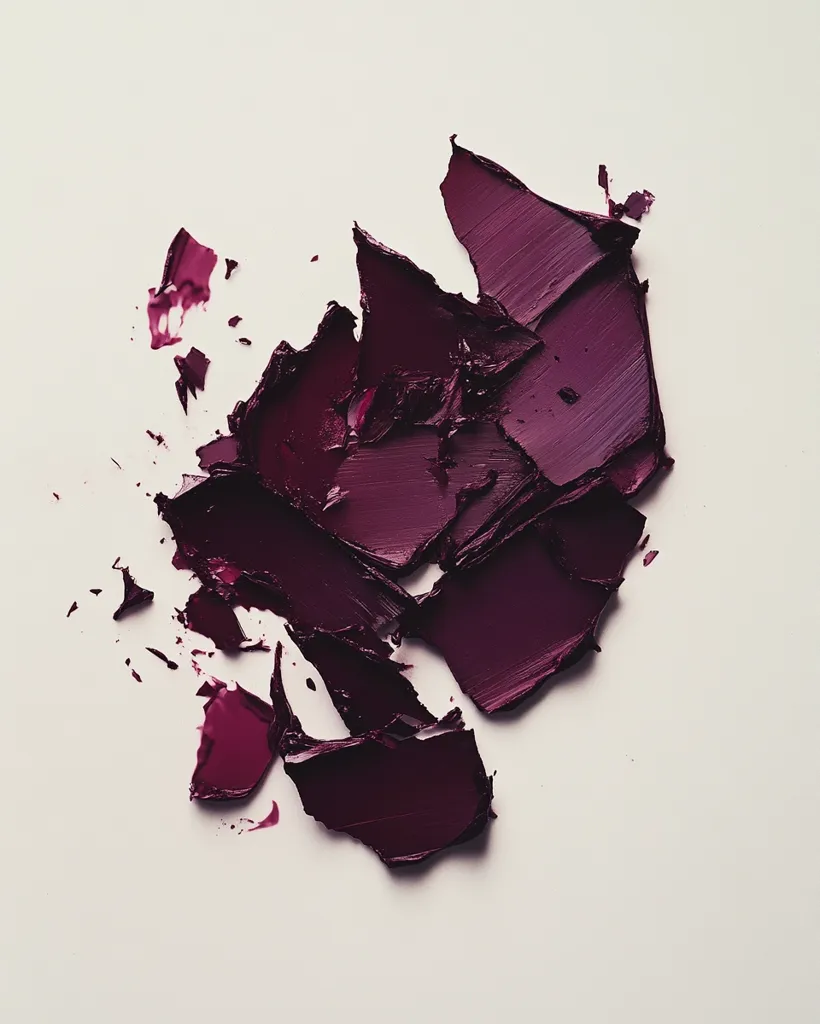 A swatch of dark burgundy lipstick is smeared across a white background.  The lipstick is broken into irregular, textured pieces, showcasing its rich, creamy consistency.  Some smaller fragments are scattered around the main mass, creating a sense of movement and texture. The overall effect is both artistic and suggestive of a cosmetic product. The color is deep and intense, appearing almost like a wine stain.