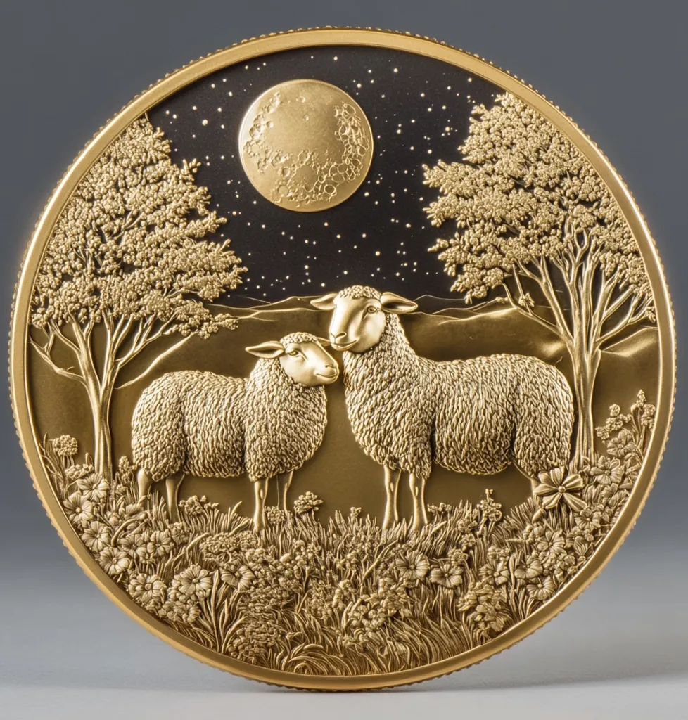 Here's a description of the image:

The image shows a large, round gold coin with intricate, high-relief detailing. Two sheep are centrally positioned, standing in a field of flowers under a night sky. A large, textured gold moon dominates the upper portion of the design.  The background features stylized trees on either side, adding depth to the pastoral scene. The entire coin is richly textured, with the sheep's wool and the foliage rendered with remarkable detail. The gold has a warm tone, and the contrast against the dark background accentuates the scene's beauty and the coin's artistry.