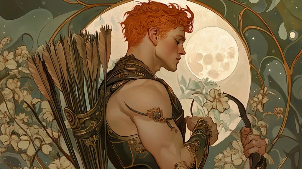 The artwork depicts a muscular young man with vibrant orange hair, styled in a profile view. He's adorned in ornate, dark green and gold armor, a quiver of arrows strapped to his back. His expression is pensive, his gaze directed downward.  He holds a curved bow, its handle resting in his hand. The background features a large, pale moon and stylized Art Nouveau-esque floral elements in muted greens and creams, creating a mystical and romantic ambiance. The overall style is reminiscent of fantasy illustration, with a focus on detailed rendering of both the figure and the surrounding flora.
