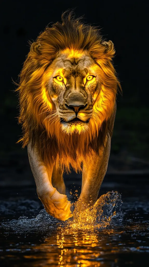 A majestic male lion, its mane ablaze with golden light, strides purposefully through shallow water.  The dark background emphasizes the lion's illuminated form, creating a dramatic, almost mystical effect.  Water splashes around its paws, reflecting the warm glow. The lion's eyes are intense and focused, conveying power and regal authority. The overall image is one of strength, beauty, and wild majesty.