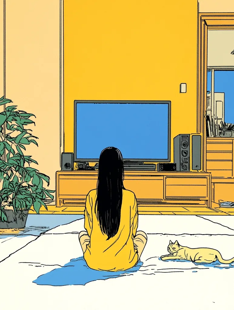 A minimalist illustration depicts a young woman with long black hair, seated on a light-colored rug in a sunlit room, facing a television with a blue screen.  She wears a yellow shirt. To her right, a light-colored cat rests on the rug. The room features a light wood entertainment center with speakers flanking the TV, and a potted plant is visible in the corner. The walls are a warm yellow and pale orange.  The overall style is clean-lined and retro-inspired.