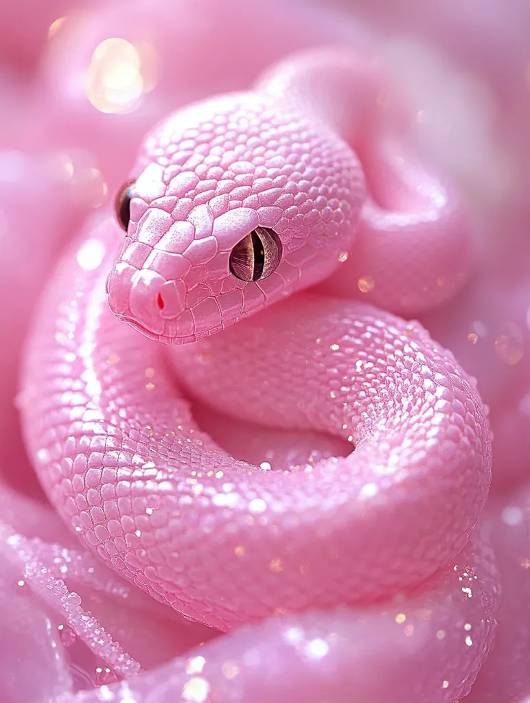 Close-up view of a pink snake, possibly an albino or genetically modified specimen, coiled on a similarly pink, shimmering surface.  The snake's scales appear iridescent, catching the light. Its dark eyes contrast sharply with its pale pink body. The background is blurry, focusing attention on the snake's delicate texture and vibrant color. The overall aesthetic is soft, dreamy, and somewhat surreal.