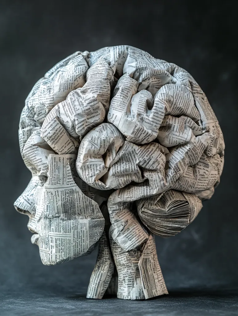Here's a description of the image:

The image showcases a meticulously crafted sculpture of a human head and brain, constructed entirely from crumpled newspaper pages. The newspaper text is visible throughout the piece, giving it a textured, aged appearance.  The brain is depicted realistically, with its intricate folds and convolutions accurately represented. The sculpture sits on a dark grey surface against a dark, blurred backdrop, enhancing the focus on the intricate detail of the artwork. The overall effect is both artistic and thought-provoking, suggesting a connection between knowledge, memory, and the human mind.