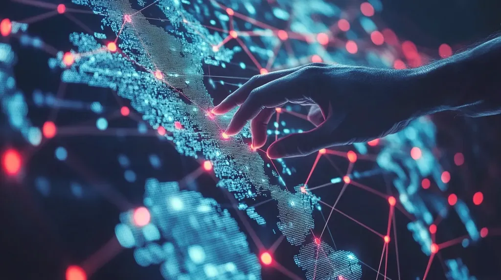 A hand interacts with a digital world map displayed on a screen.  The map is rendered in shades of blue, punctuated by red nodes representing data points or connections.  A network of lines links these points, suggesting global connectivity and data flow.  The image evokes themes of globalization, data visualization, and technological interaction with complex systems.  The hand's gesture implies control or exploration of this vast interconnected network.