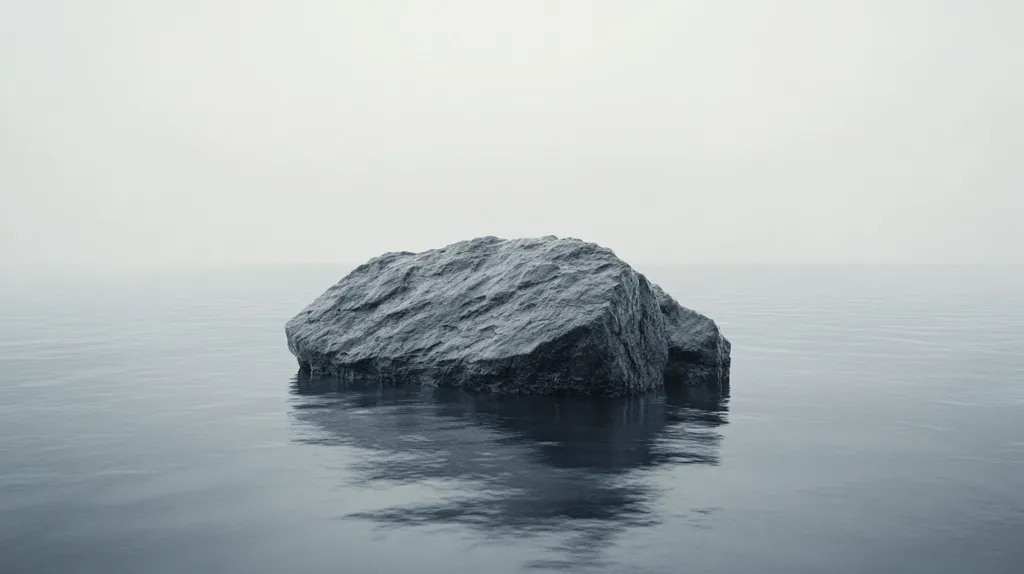 Here's a description of the image:

A single, dark gray rock rests in the center of a calm, still body of water under a pale, overcast sky. The rock is irregularly shaped, with a rough texture.  The water is a muted blue-gray, reflecting the rock and sky. The overall atmosphere is serene and minimalistic, with a muted color palette contributing to a feeling of quietude and solitude.  The fog or mist adds to the sense of isolation.