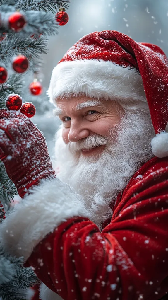 A close-up shot captures Santa Claus, his jolly face partially visible, adorned with a snowy red hat and a long white beard. He's tenderly decorating a snow-dusted Christmas tree, red ornaments reflecting the festive spirit.  Snowflakes gently fall, creating a magical winter ambiance. Santa's kind eyes twinkle, hinting at Christmas cheer and the joy of the season. The overall image exudes warmth and the spirit of Christmas.
