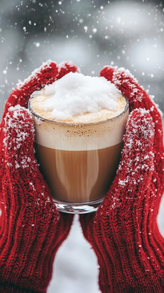 A pair of red knitted mittens cradles a steaming cup of coffee topped with a thick layer of snow.  The scene is set outdoors in a snowy landscape, with snowflakes gently falling. The warm, inviting beverage contrasts beautifully with the cold, wintry surroundings. The image evokes a feeling of cozy comfort and winter warmth.  The snow on the mittens adds to the overall festive winter mood.
