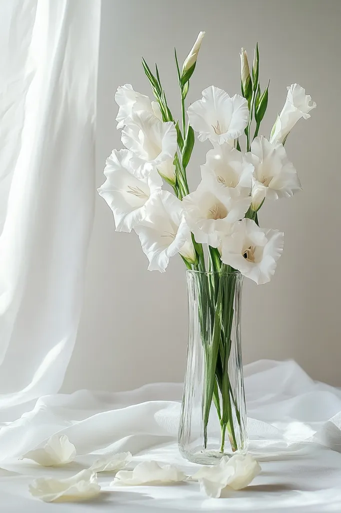 A delicate bouquet of white gladioli sits in a clear glass vase. The flowers, with their elegant, slender blooms, are arranged simply, their green stems visible.  The vase rests on a white fabric surface, with soft folds of sheer white cloth cascading in the background.  Scattered petals add to the serene and minimalist aesthetic of the image, creating a feeling of purity and calm.  The overall lighting is soft and diffused.