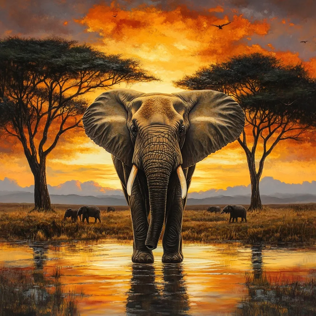 Here's a description of the image:

A majestic African elephant stands in a shallow pool of water, facing the viewer.  The setting sun casts a warm, orange and gold light across the savanna, illuminating the elephant's imposing form.  Silhouetted acacia trees flank the elephant against a fiery sky, and a few smaller elephants are visible in the background.  The overall scene is serene yet powerful, capturing the beauty and wildness of the African landscape at sunset.  The reflection of the elephant and the sky is visible in the still water.