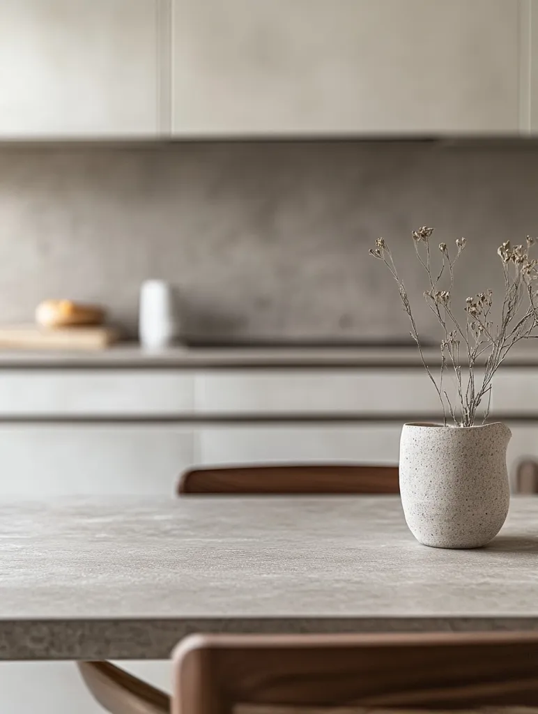 Here's a description of the image:

The photo shows a minimalist kitchen setting.  A light grey, speckled stone table sits in the foreground, partially obscured by the back of two wooden chairs.  A small, speckled off-white vase containing dried flowers rests centrally on the table. The background is softly blurred, revealing a light-colored kitchen with white cabinets and a light grey backsplash.  The overall aesthetic is calm, clean, and modern.