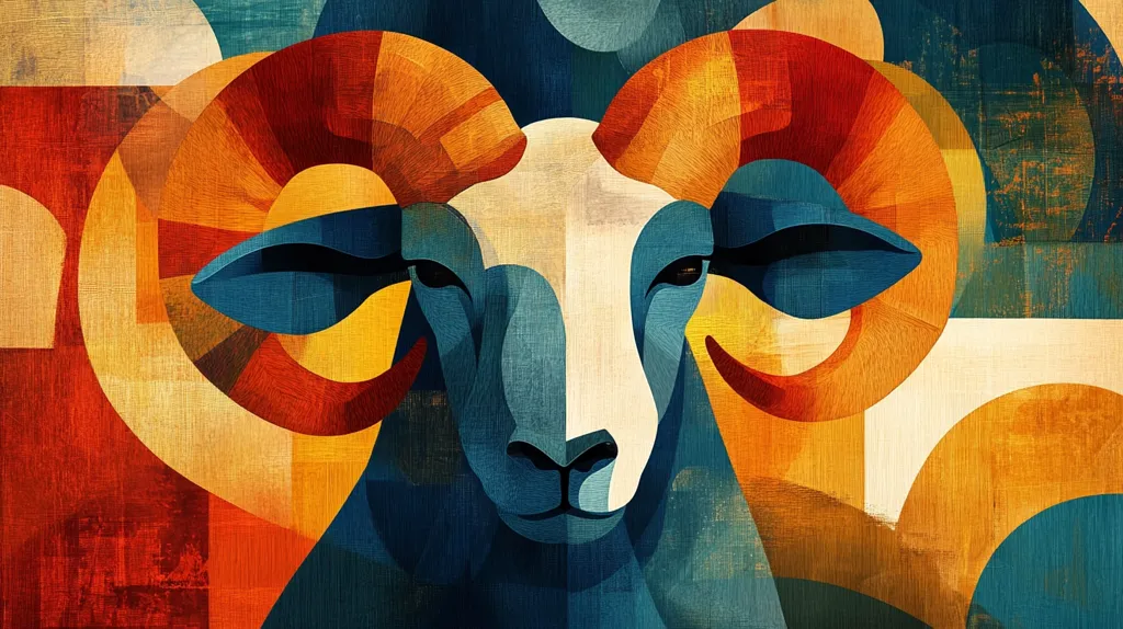 The image is a stylized portrait of a ram's head, rendered in a vibrant, geometric style.  Predominantly teal, orange, and cream, the artwork uses bold shapes and color blocking to depict the animal.  The ram's large horns are particularly emphasized, forming curved, almost circular patterns that contrast with the sharper angles of its face and body.  The texture mimics a painted or woven effect, adding depth to the abstract composition. The overall impression is one of striking boldness and artistic simplification.