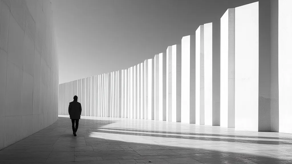 A solitary figure, dressed in dark clothing, walks away from the viewer down a long, light-colored corridor.  The corridor is defined by a high, curved wall on the left and a series of tall, evenly spaced, white rectangular pillars on the right. The stark black and white photography emphasizes the strong lines and geometric forms of the architecture, creating a sense of minimalist serenity and spaciousness. The scene is bathed in bright sunlight, casting shadows that accentuate the depth and perspective.