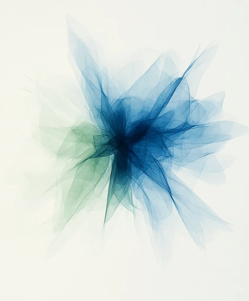 The image is an abstract artwork featuring a central burst of translucent, overlapping forms.  The dominant colors are shades of teal and blue, gradually transitioning to softer greens at the edges. The forms resemble wispy, ethereal petals or feathers radiating outward, creating a sense of movement and lightness against a bright white background. The overall effect is dreamy and delicate, suggesting a floral or celestial theme.