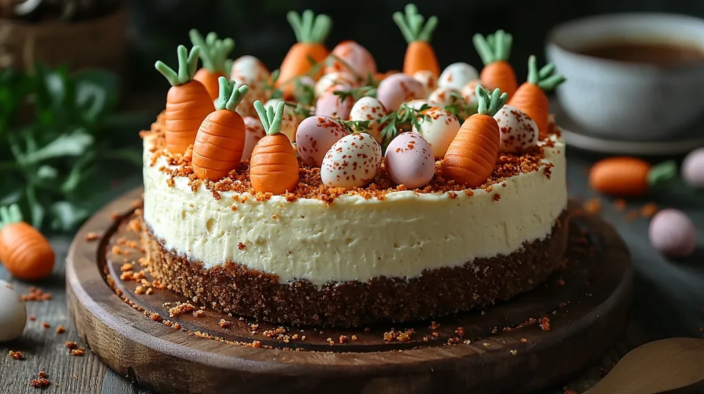 Here's a description of the image:

A delectable Easter-themed cheesecake takes center stage.  The creamy white cheesecake is nestled on a crunchy, crumbly base, and adorned with marzipan carrots and speckled pastel eggs.  These decorative elements are scattered across the top, creating a festive, spring-like scene. The cheesecake rests on a dark brown wooden cake board, with additional crumbs scattered around its base.  The background is blurred but shows hints of greenery and a partially visible cup of tea, suggesting a cozy and celebratory setting.