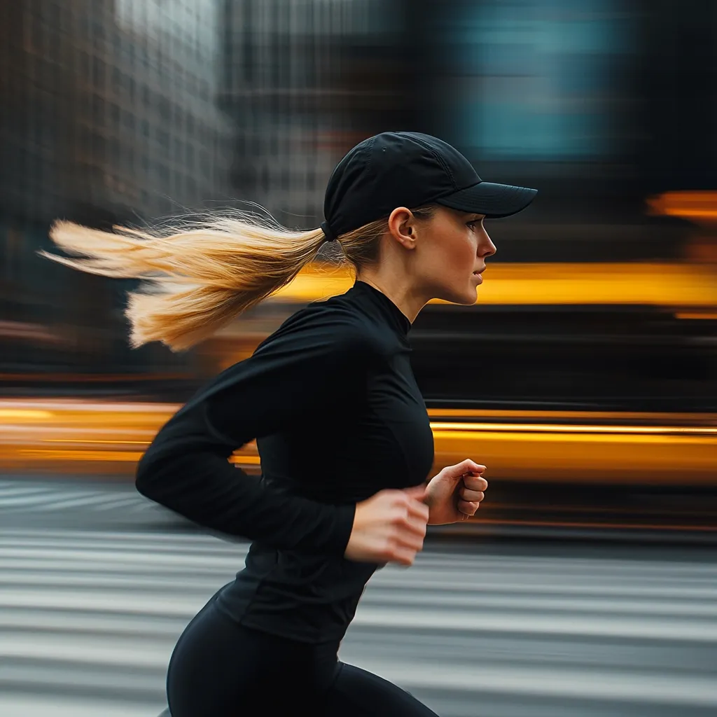 Here's a description of the image:

The photo captures a young woman in profile, mid-stride during a run. She's wearing a black long-sleeved athletic top and leggings, with her blonde hair pulled back in a ponytail.  A black baseball cap tops her head. The background is a blurred cityscape, suggesting motion, with streaks of yellow, likely representing speeding vehicles, creating a sense of dynamism and speed.  The overall mood is energetic and conveys a feeling of urban fitness.