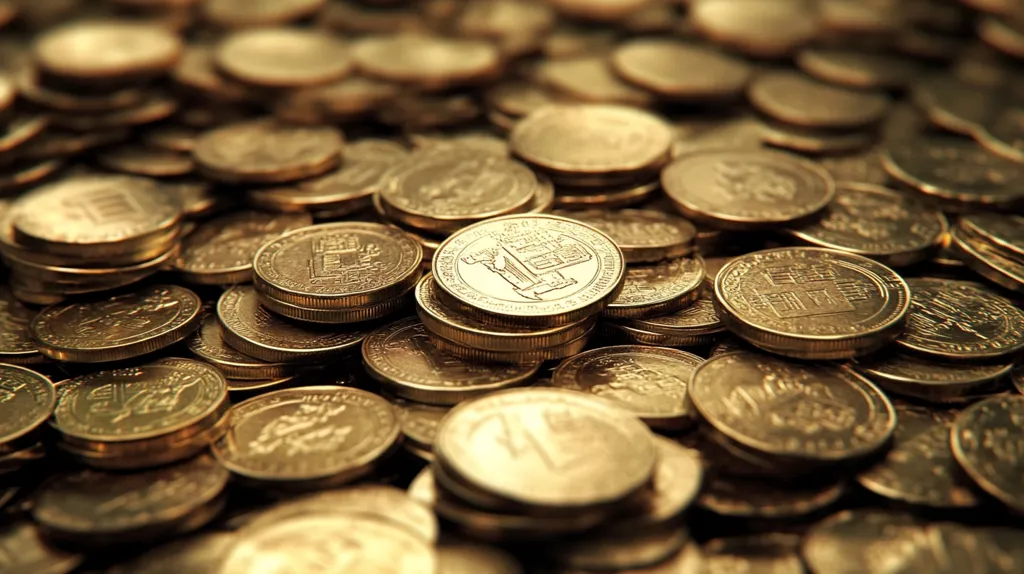 A large pile of gold coins fills the frame.  The coins are stacked haphazardly, creating a textured surface of varying heights and depths.  The coins appear to be of similar size and design, with a central emblem visible on many.  The overall color palette is warm gold, with shadows creating depth and highlighting the metallic sheen. The image evokes feelings of wealth, abundance, and possibly even greed.