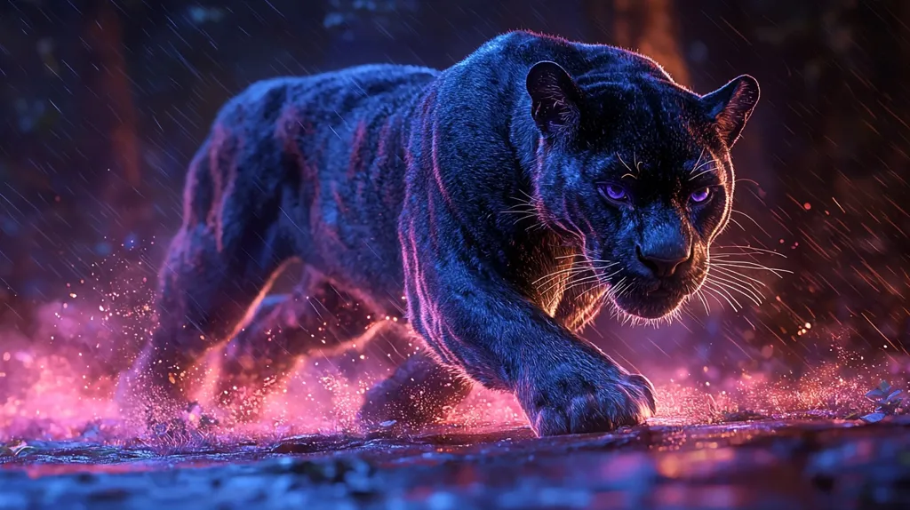 A majestic black panther, its fur shimmering with an ethereal purple and blue glow, strides through a dark, rain-soaked forest.  Sparks of vibrant pink and orange light erupt from the ground around its paws as it moves, creating a mystical atmosphere.  The panther's intense violet eyes fix on something unseen, conveying a sense of power and mystery. The rain adds a dramatic element to the scene, enhancing the overall otherworldly feel.