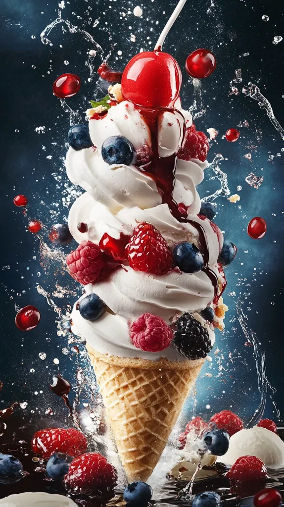 A delicious-looking ice cream cone bursts with vibrant energy.  Creamy white soft serve is piled high, adorned with a cascade of fresh raspberries, blueberries, and a glistening red cherry on top.  A rich, dark sauce drizzles down the sides. The cone is submerged in a splash of water, scattering berries and creating a dynamic, visually stunning scene. The background is a dark, moody blue, contrasting beautifully with the bright colors of the dessert.