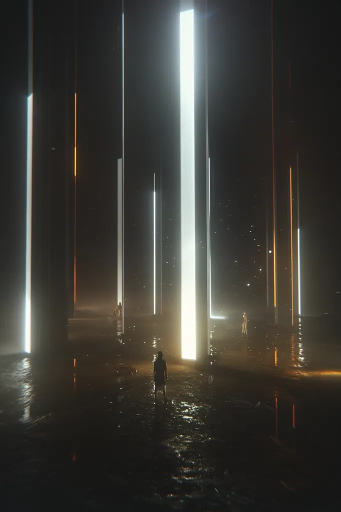 The image depicts a dimly lit, futuristic landscape. Tall, luminous pillars of varying intensities—bright white, muted orange, and dark grey—stand in a body of still water, reflecting the light.  A lone figure, silhouetted against a brighter pillar, stands in the center, seemingly contemplating the scene. Other, smaller figures are visible in the distance, adding to the ethereal and somewhat lonely atmosphere. The overall mood is mysterious and slightly melancholic.