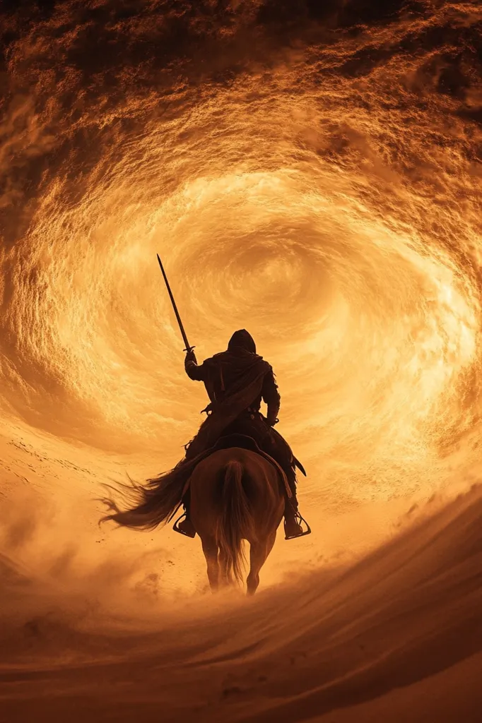 Here's a description of the image:

The image depicts a silhouetted figure on horseback, riding towards a massive, swirling vortex of fiery orange clouds. The rider, clad in dark clothing and holding a sword aloft, appears valiant and determined.  The horse's long tail streams behind them, kicking up sand as they traverse a desert landscape. The contrast between the dark figures and the intensely bright, swirling vortex creates a dramatic and almost apocalyptic scene.  The overall mood is one of adventure, mystery, and perhaps impending danger.