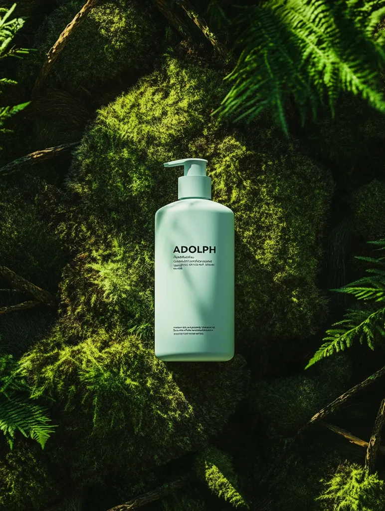 Here's a description of the image:

A light teal bottle of Adolph body wash sits nestled amongst lush green moss and ferns. The bottle features a pump dispenser and minimalist labeling with the brand name prominently displayed. The overall aesthetic is natural and evokes a sense of serenity and environmental consciousness. The scene is bathed in soft, natural light, highlighting the textures of the moss and the subtle sheen of the bottle. The image's composition emphasizes the product's integration within a pristine, verdant natural setting.
