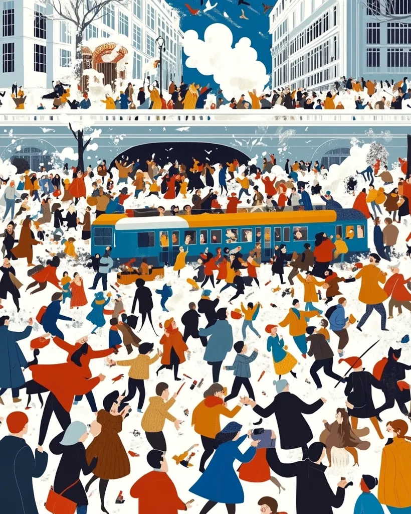 A vibrant illustration depicts a bustling winter scene. A crowd of people, dressed in colorful clothing, engages in a snowball fight amidst a snowy street.  A vintage-style tram is partially obscured by the playful chaos.  The scene is framed by buildings, adding to the urban context.  The overall style is lively and playful, capturing the energy of a spontaneous winter celebration. Birds fly overhead, adding a touch of whimsy.