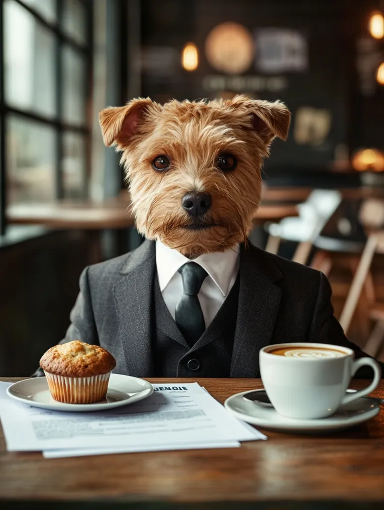 Here's a description of the image:

A charming image depicts a Yorkshire Terrier's head seamlessly photoshopped onto the body of a man in a dark gray suit and white shirt, complete with a dark tie.  The dog, with its serious expression, sits at a wooden table in a cafe setting. Before it are a muffin on a small plate, a cup of latte art coffee, and a document suggesting a business meeting. The background is blurred, showcasing a stylish cafe interior with warm lighting. The overall effect is humorous and sophisticated.