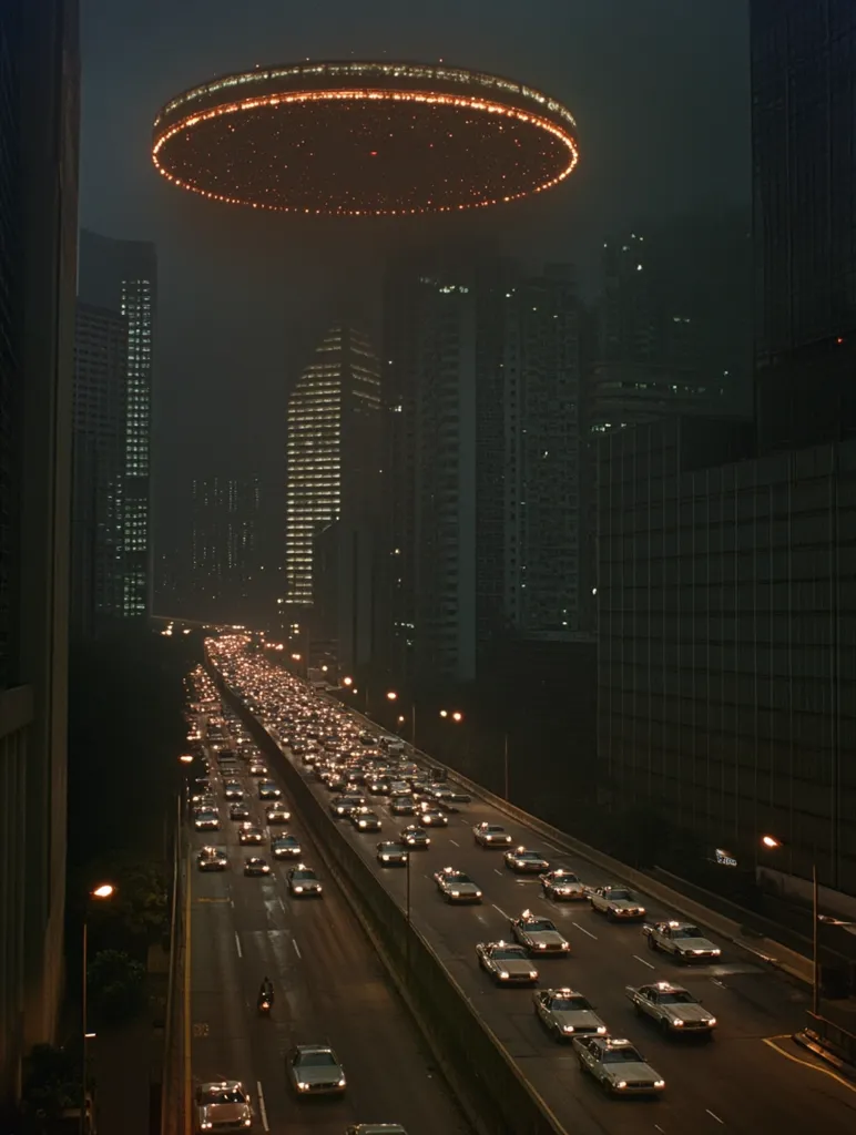 A large, dark, disc-shaped object with orange lights around its perimeter hovers above a nighttime cityscape.  Tall, densely packed buildings line a multi-lane highway below, heavily congested with cars whose headlights create long streaks of light. The overall mood is dark, mysterious, and slightly ominous, suggestive of a science fiction scene.  The atmosphere is hazy and muted, enhancing the feeling of a surreal event unfolding.