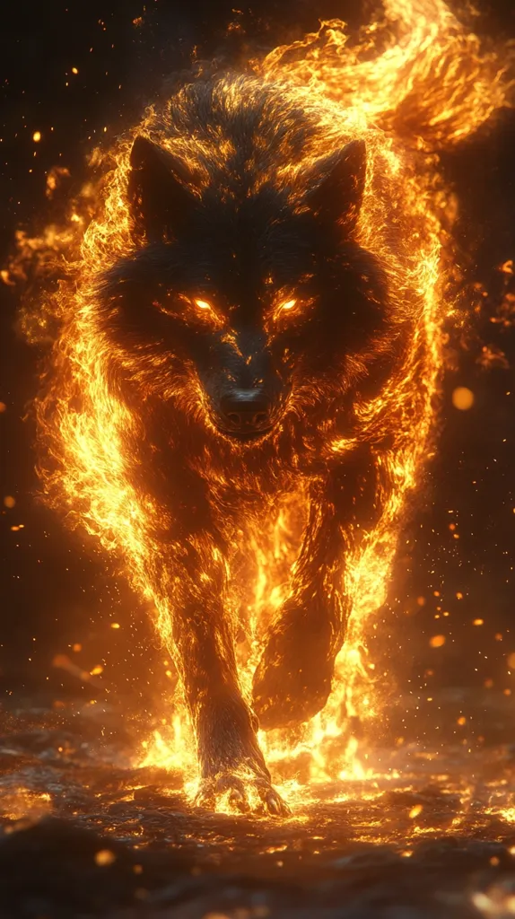 A digital rendering depicts a wolf engulfed in flames, its form outlined by vibrant orange and yellow fire.  The wolf's eyes glow intensely, and its fur appears to be made of burning embers.  It strides forward, leaving a trail of sparks and fire on the dark ground. The overall effect is one of power, mythical intensity, and otherworldly beauty.