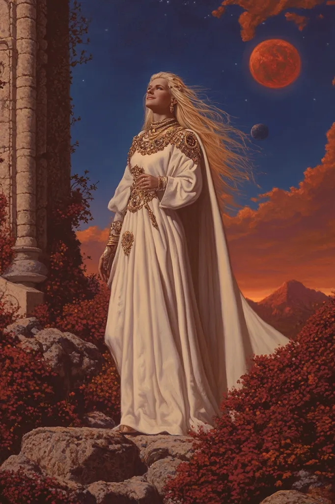 A woman in a flowing white gown adorned with gold accents stands on a rocky outcrop, gazing upward at a twilight sky.  Her long blonde hair streams behind her.  A large, reddish planet dominates the celestial scene, accompanied by a smaller, darker one. The setting is evocative of fantasy, with a partially visible stone pillar and reddish-brown foliage surrounding the figure.  The overall mood is serene and otherworldly.