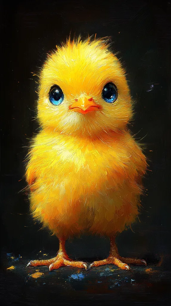 Here's a description of the image:

The painting showcases a fluffy, yellow chick, standing against a stark black background.  Its large, expressive blue eyes and small, orange beak are prominent features. The chick's downy feathers are meticulously rendered, giving a sense of softness and warmth.  The artist's brushstrokes are visible, adding texture to the chick's plumage and the dark surface beneath.  The overall style is realistic yet slightly whimsical, emphasizing the chick's endearing qualities. Small splashes of paint on the ground suggest a playful, artistic atmosphere.