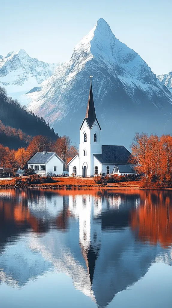A picturesque white church with a dark steeple stands on the shore of a calm lake, its reflection mirroring perfectly in the still water.  Autumnal trees in shades of orange and red surround the church and a smaller white house.  Towering snow-capped mountains form a dramatic backdrop under a clear, bright sky, creating a serene and breathtaking alpine scene. The overall impression is one of tranquility and natural beauty.