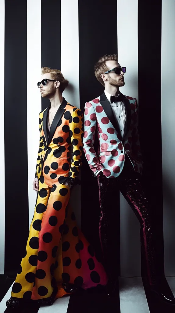 Two stylish men pose against a bold black and white striped backdrop.  One wears a vibrant ombre polka dot suit transitioning from yellow to magenta, with wide-leg trousers. The other sports a teal and maroon polka dot blazer and dark trousers, completing his look with a black bow tie. Both men wear dark sunglasses, creating a striking and fashionable image.  Their poses are confident and slightly aloof.