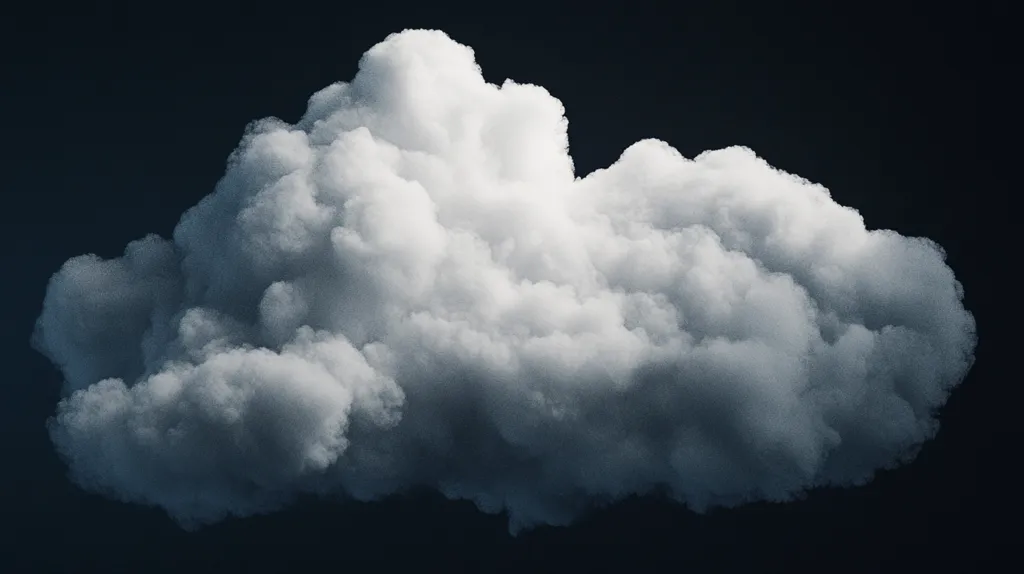 The image shows a large, fluffy cumulus cloud isolated against a dark, almost black background.  The cloud is predominantly white with subtle shading, suggesting depth and texture.  Its form is irregular, with rounded edges and varying densities of white.  The contrast between the bright cloud and the deep background makes the cloud appear three-dimensional and dramatically emphasizes its volume.
