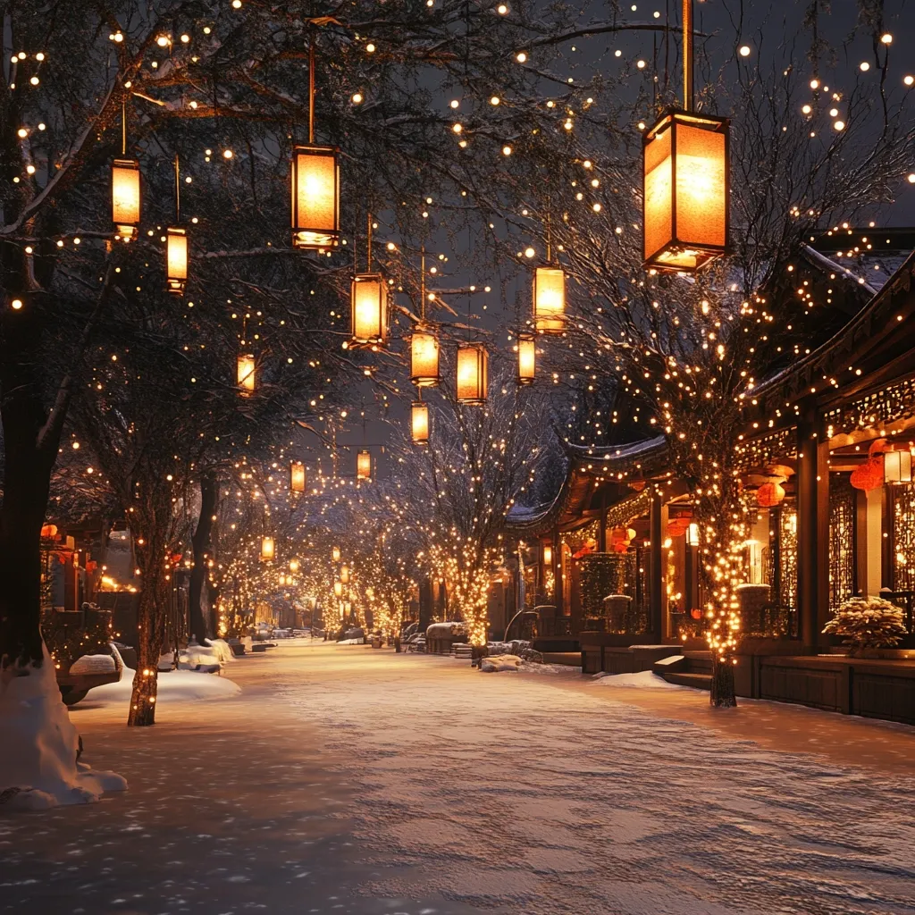 A snow-covered street glows with the warm light of numerous hanging lanterns strung between trees.  The lanterns, rectangular and emitting a soft golden hue, line the street, creating a magical, festive atmosphere. Traditional-style buildings with illuminated windows flank the street, further enhancing the enchanting ambiance.  The scene suggests a winter evening in a charming, possibly Asian-inspired, neighborhood.  The overall effect is one of serene beauty and holiday cheer.